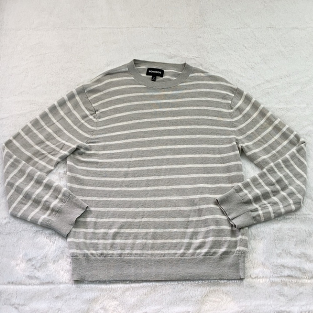 Bonobos Gray and White Linen Striped Slim Fit Sweater - Picture 2 of 7